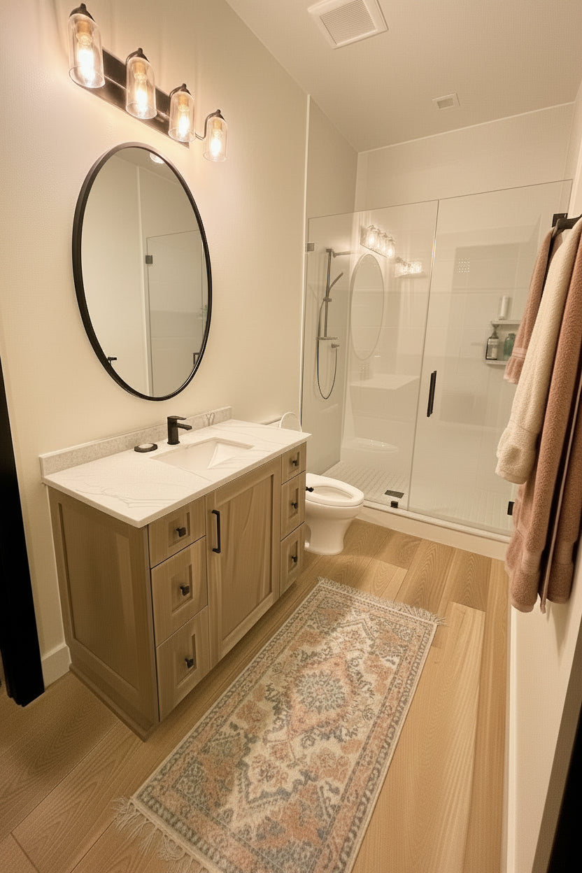 Modern bathroom with vanity, mirror, and shower area.
