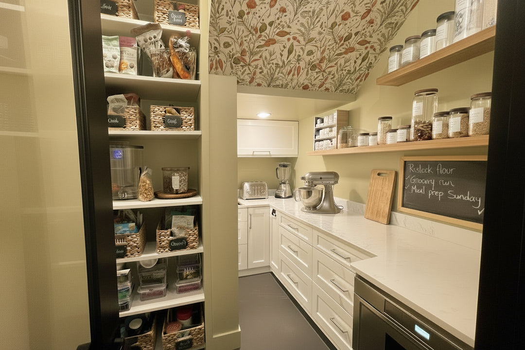 Modern kitchen with pantry shelves, appliances, and a countertop.